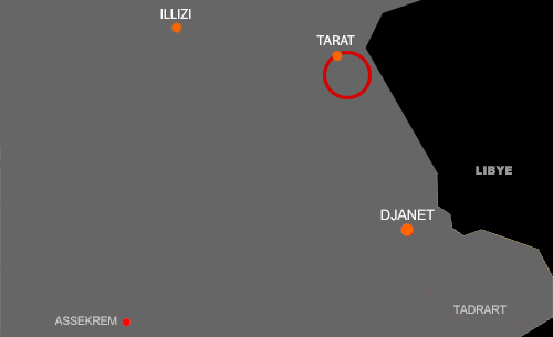 Carte du circuit en dromadaires à Tarat, peintures et gravures rupestres.